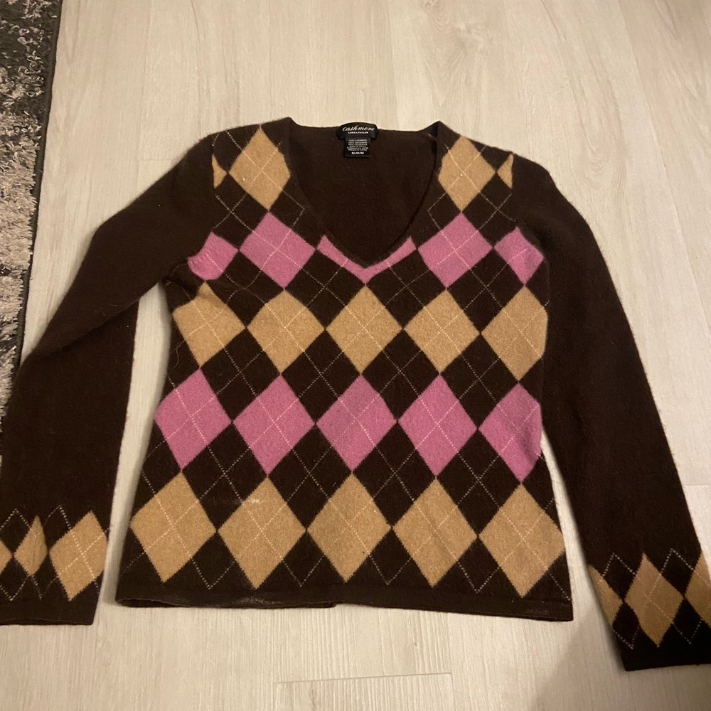 Lord and Taylor V-Neck Argyle Sweater Brown and Pink